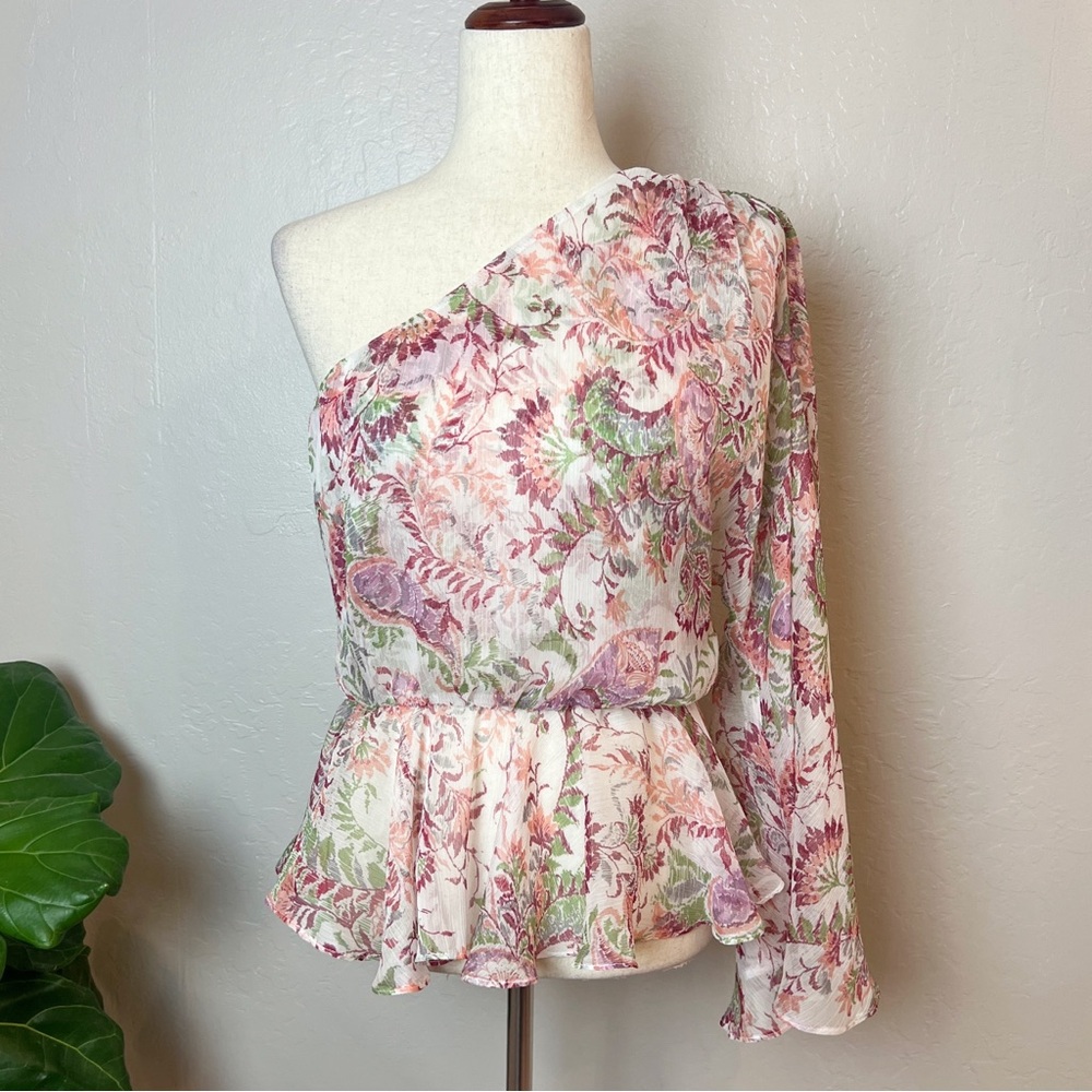 •MISA Los Angeles•‎ Aurora One Shoulder Bell Sleeve Ruffle Peplum Top Size L